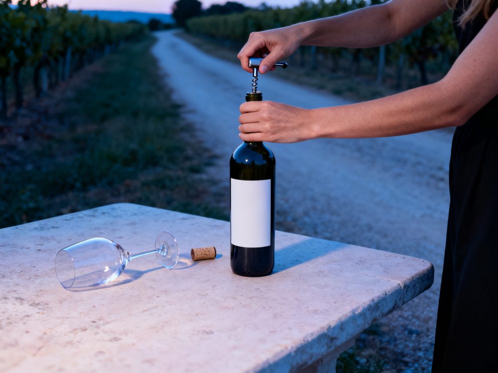 Mãos a abrir garrafa de vinho sobre mesa de pedra com taça de vinho e vinha ao fundo ao entardecer