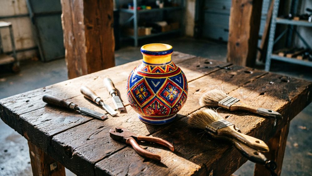 Jarro cerâmico colorido e ferramentas antigas sobre mesa rústica de madeira numa oficina
