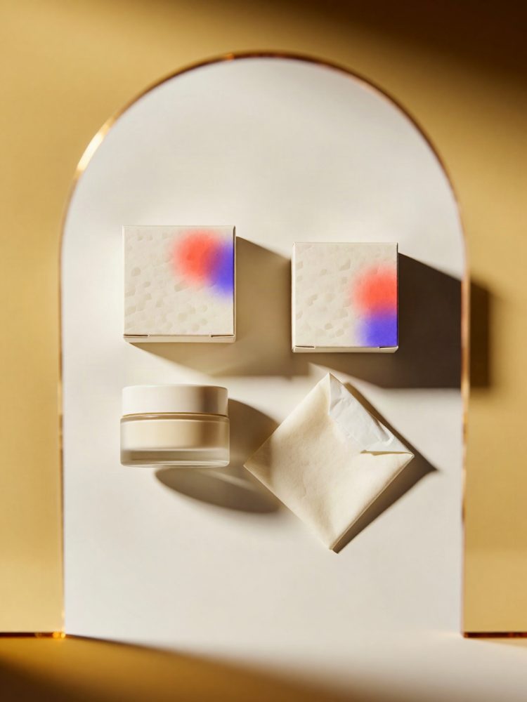 Embalações de cosméticos minimalistas com caixas e frasco branco sobre fundo claro e dourado