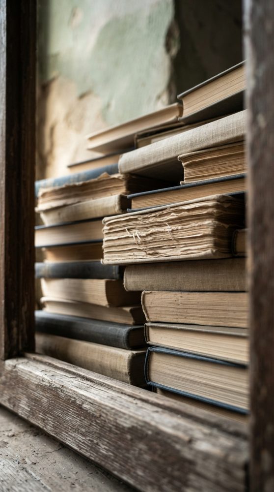 Pilhas de livros antigos empilhados numa janela de madeira gasta com capas envelhecidas e páginas amarelas