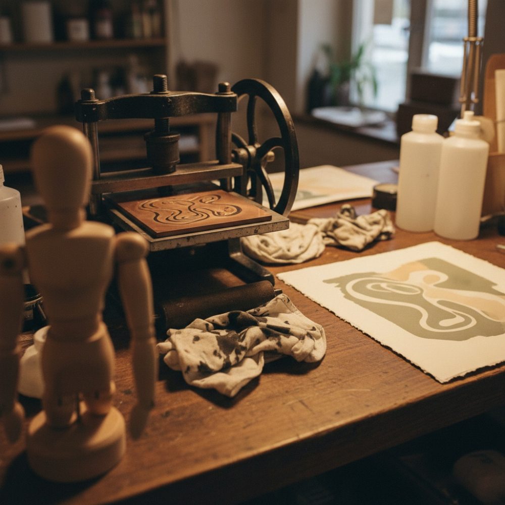 Mesa com prensa de impressão, boneco anatómico, panos manchados e gravuras de arte abstrata