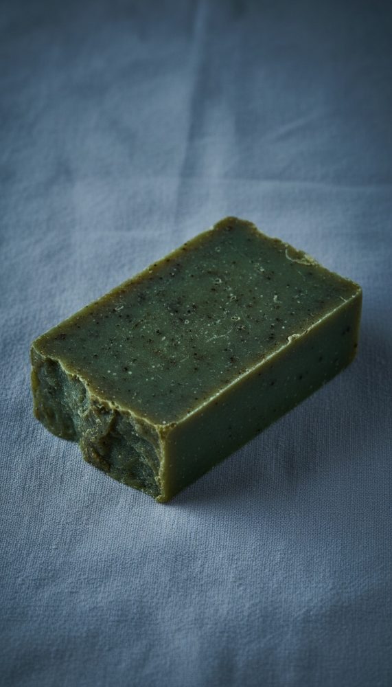 Sabão artesanal verde com textura rústica sobre tecido cinza