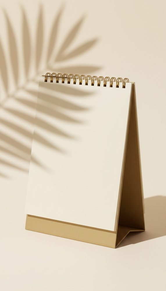 Calendário de mesa com folhas em branco, espiral dourada e sombra de folha ao fundo