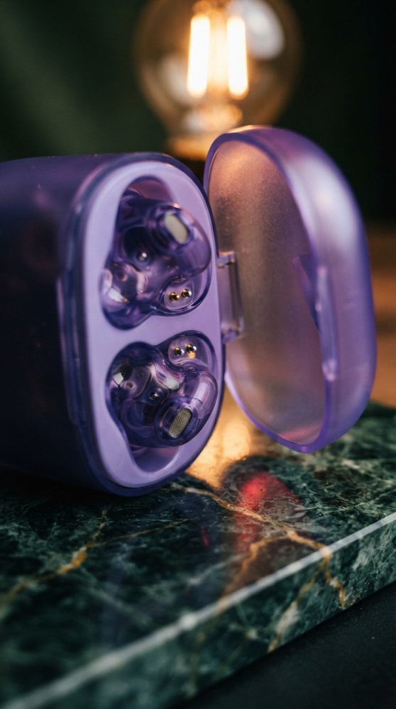 Auriculares sem fios roxos no estojo aberto sobre mármore verde e luz quente ao fundo