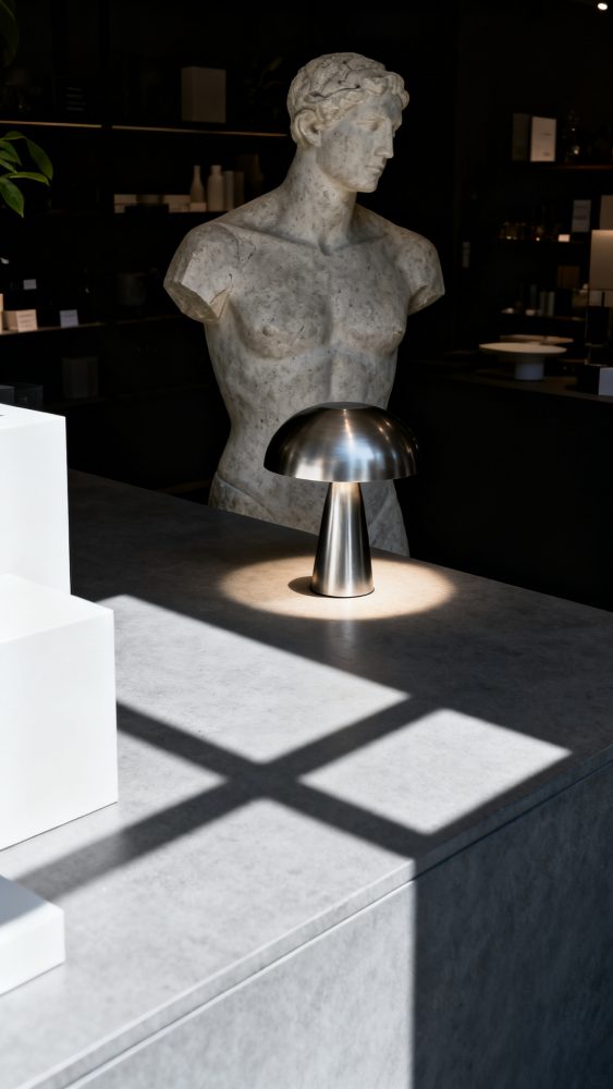 Busto clássico iluminado por candeeiro metálico sobre mesa cinzenta com sombras geométricas