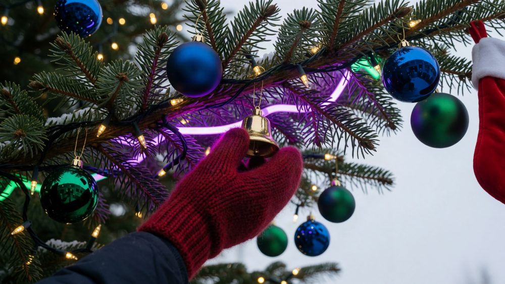 Mão com luva vermelha prende sino dourado numa árvore de Natal decorada com bolas e luzes