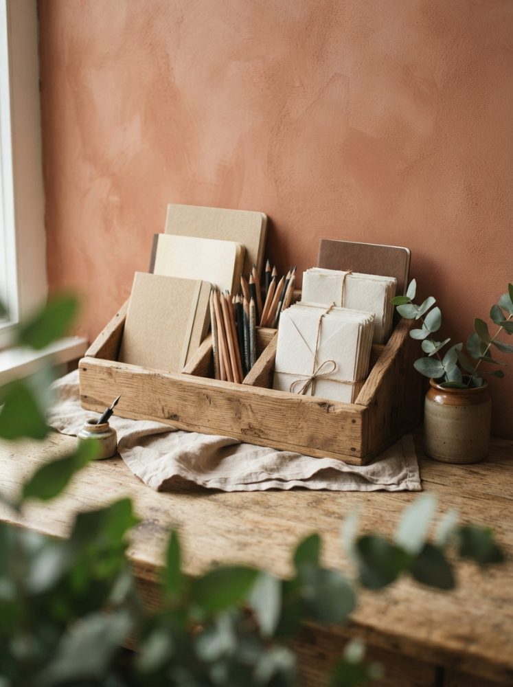 Organizador de madeira com cadernos, lápis e envelopes sobre mesa rústica com plantas e parede terracota