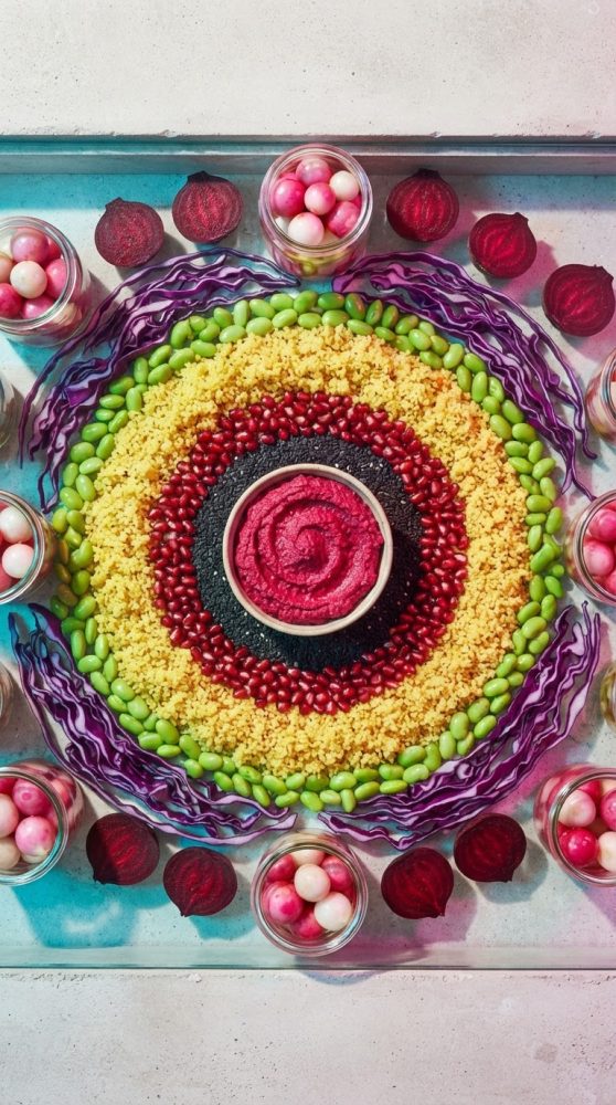 Prato com legumes, couscous e sementes organizados em círculos concêntricos coloridos