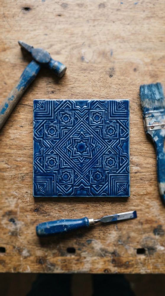 Azulejo azul com padrão geométrico rodeado por martelo, pincel e formão sobre madeira rústica
