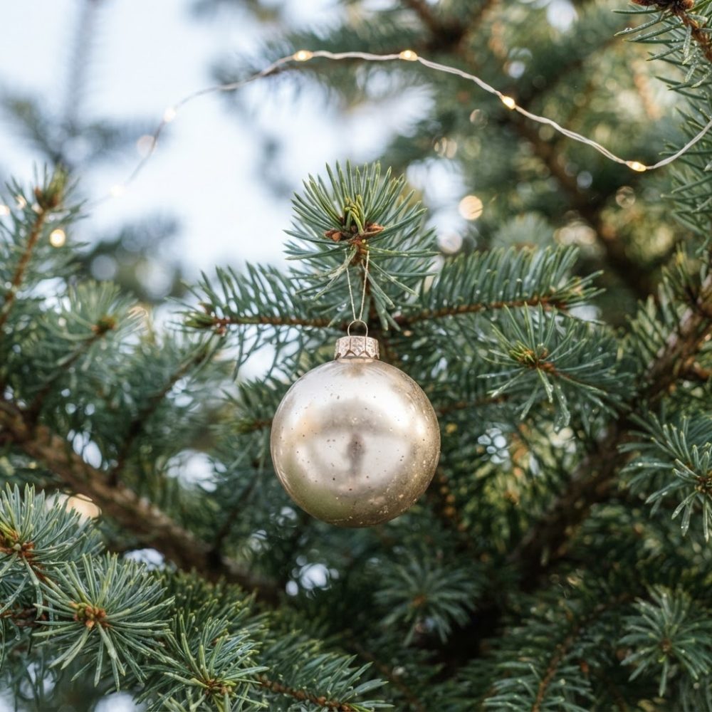 Bola dourada de Natal pendurada num ramo verde de pinheiro com luzes LED amarelas ao fundo