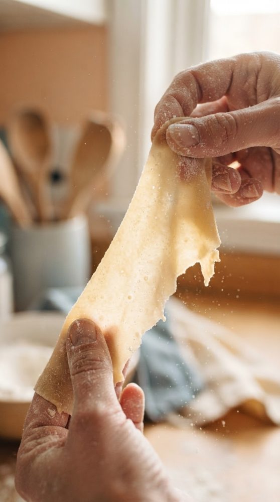 Mãos enfarinhadas esticam massa fina caseira numa cozinha clara e acolhedora