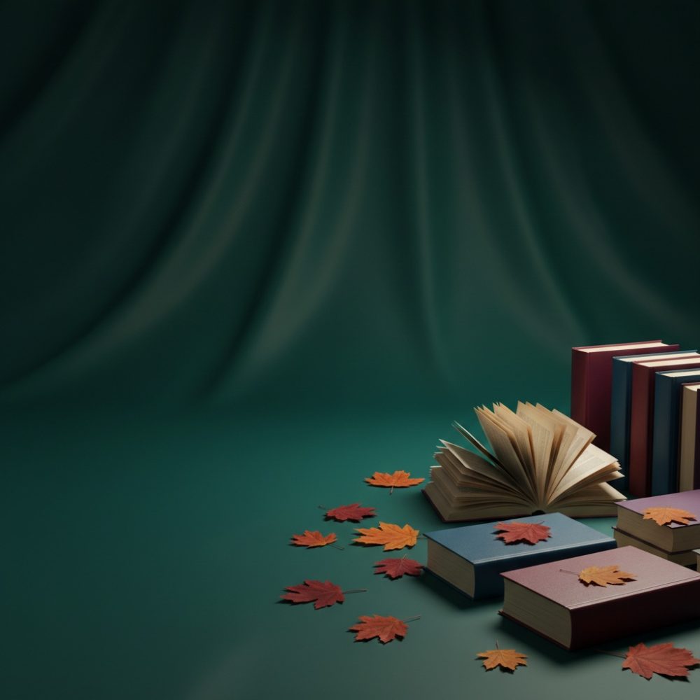 Livros com capas coloridas e folhas de outono sobre fundo verde escuro