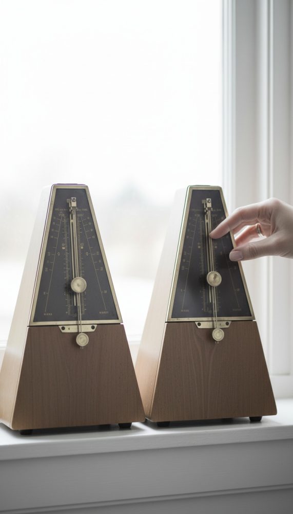 Dois metrónomos clássicos com base de madeira e mostrador negro, um com mão a ajustar o ritmo