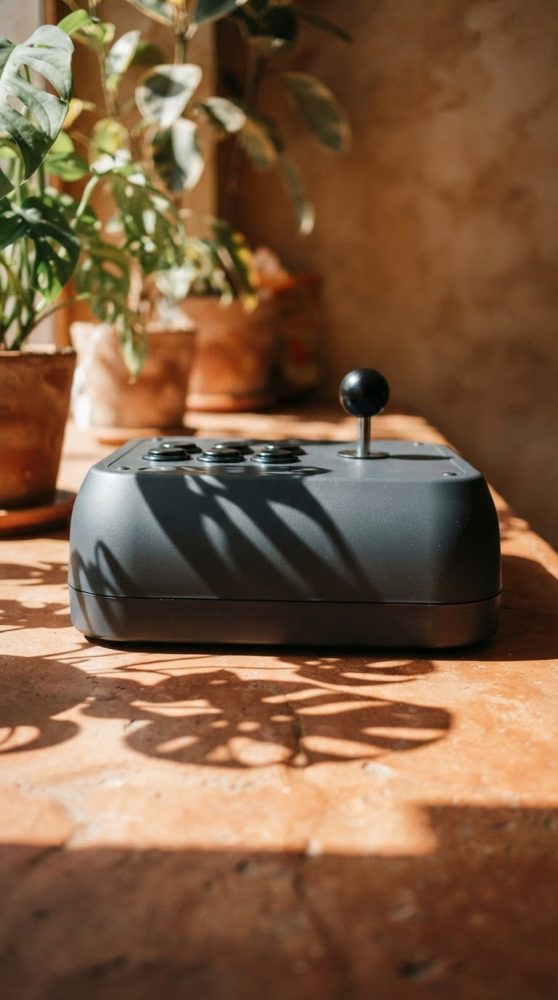 Comando arcade preto com botões e joystick em mesa iluminada por luz natural com sombras de plantas