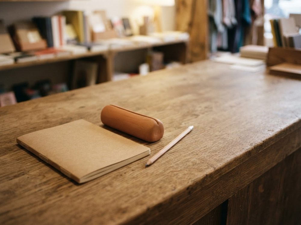 Caderno com capa kraft, estojo castanho e lápis sobre mesa de madeira rústica