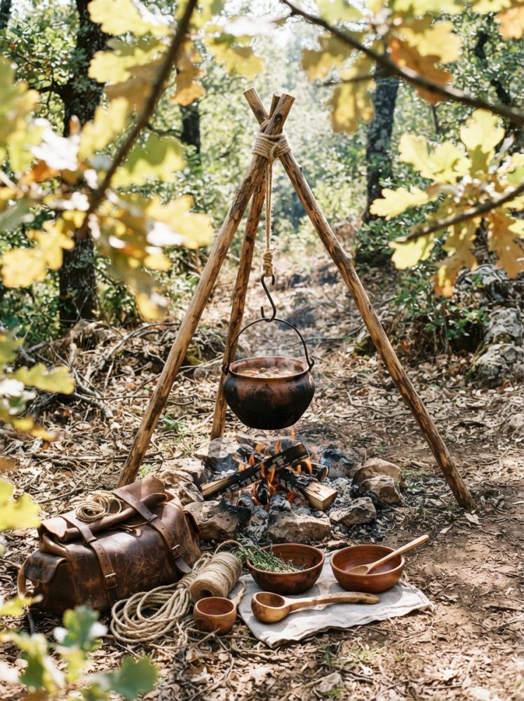 Tripé de madeira com tacho a cozinhar sobre fogo em floresta com acessórios de campismo e mochila
