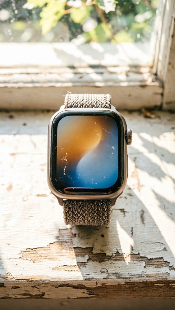 Smartwatch digital com bracelete de tecido cinza sobre superfície rústica ao sol