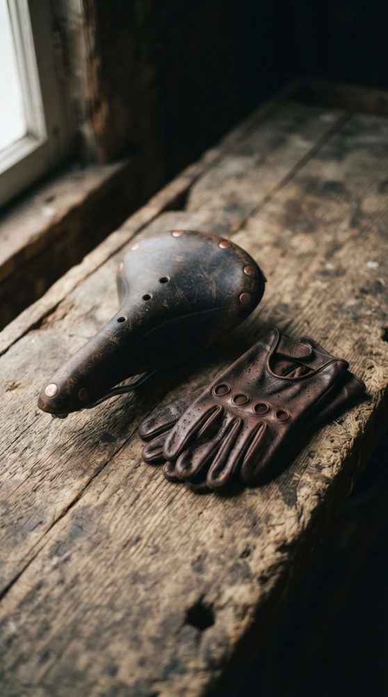 Selim e luvas de couro castanho vintage para bicicleta sobre mesa rústica