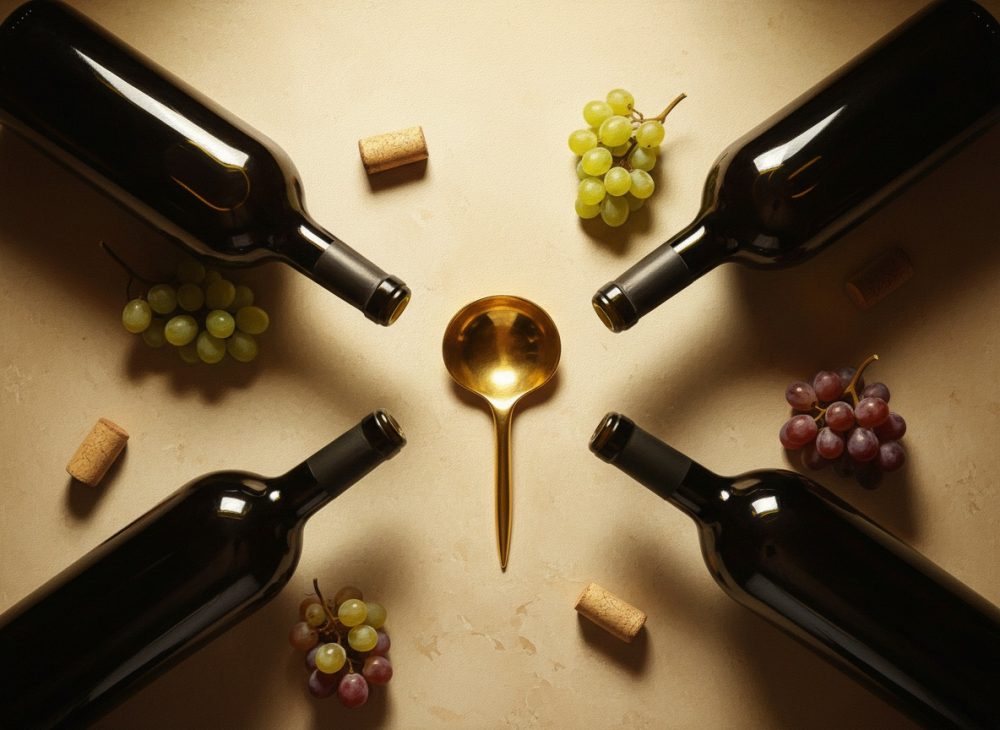 Quatro garrafas de vinho, uvas verdes e roxas, rolhas e colher dourada sobre fundo bege