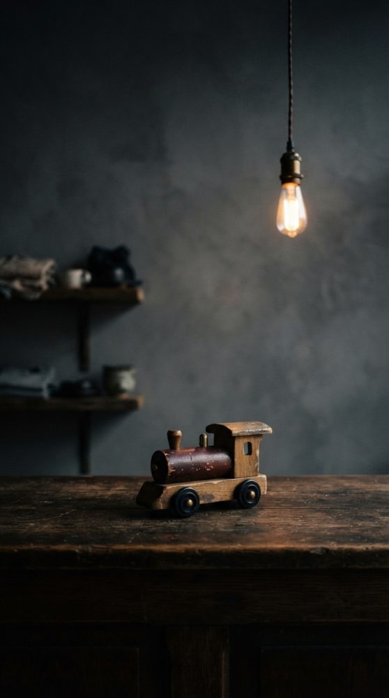 Comboio brinquedo de madeira vintage sobre mesa de madeira escura com luz suave