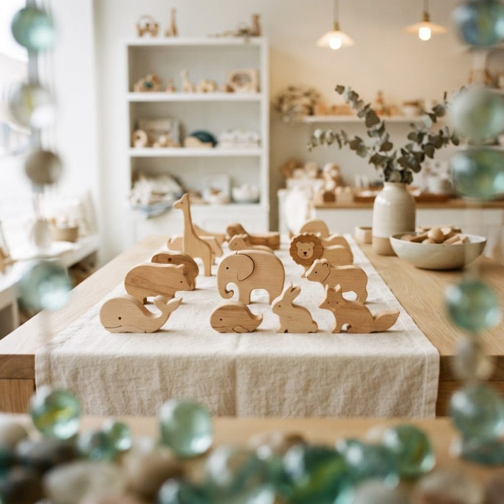 Brinquedos de madeira em forma de animais organizados sobre mesa em ambiente claro e acolhedor