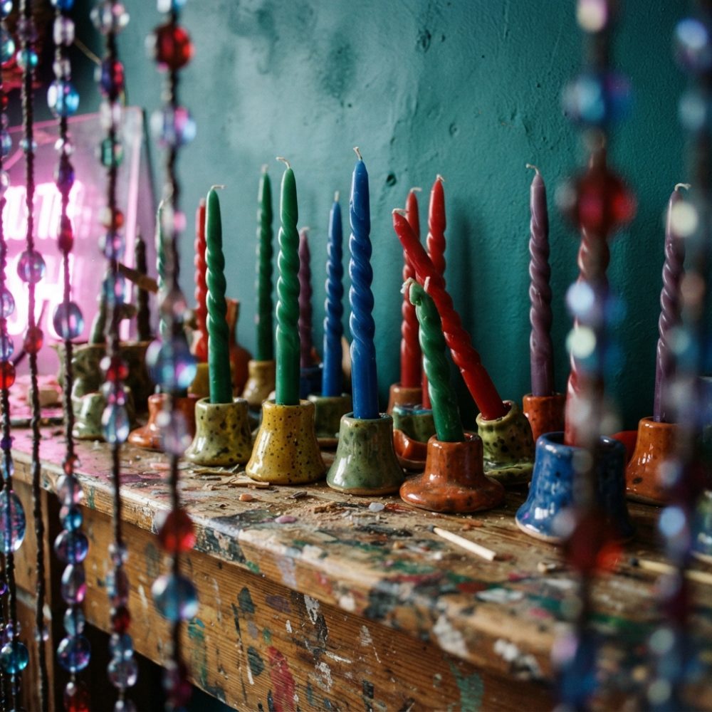 Velas espiraladas coloridas em castiçais ceramicados numa mesa de madeira envelhecida