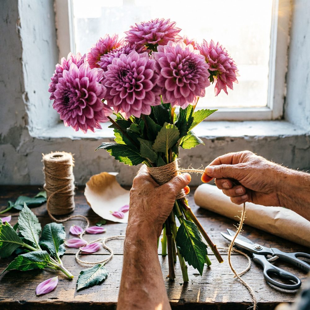 Mãos a amarrar um buquê de flores lilases com corda rústica numa mesa junto à janela