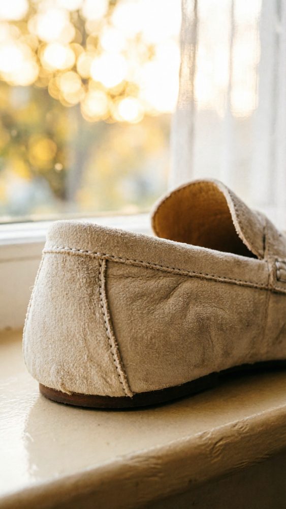 Sapato mocassim bege em camurça sobre peitoril com luz natural suave e fundo desfocado dourado