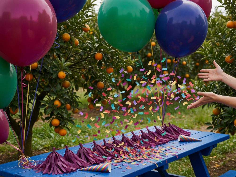 Mesa azul com decoração de festa colorida com balões, tassels e confetis no pomar com laranjeiras
