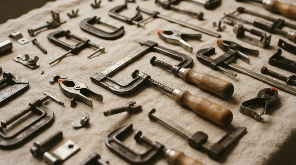 Ferramentas para bricolage e grampos organizados sobre tecido bege