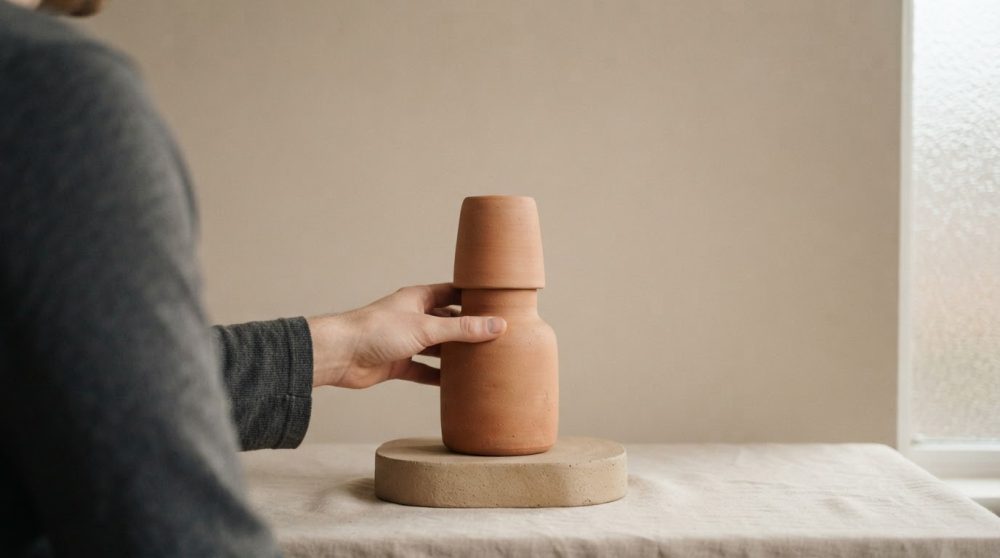 Mão ajusta conjunto de jarro e copo de cerâmica terracota sobre base de pedra clara