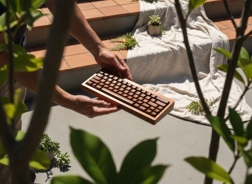 Pessoa segurando teclado mecânico artesanal de madeira, plantas e pano branco ao fundo