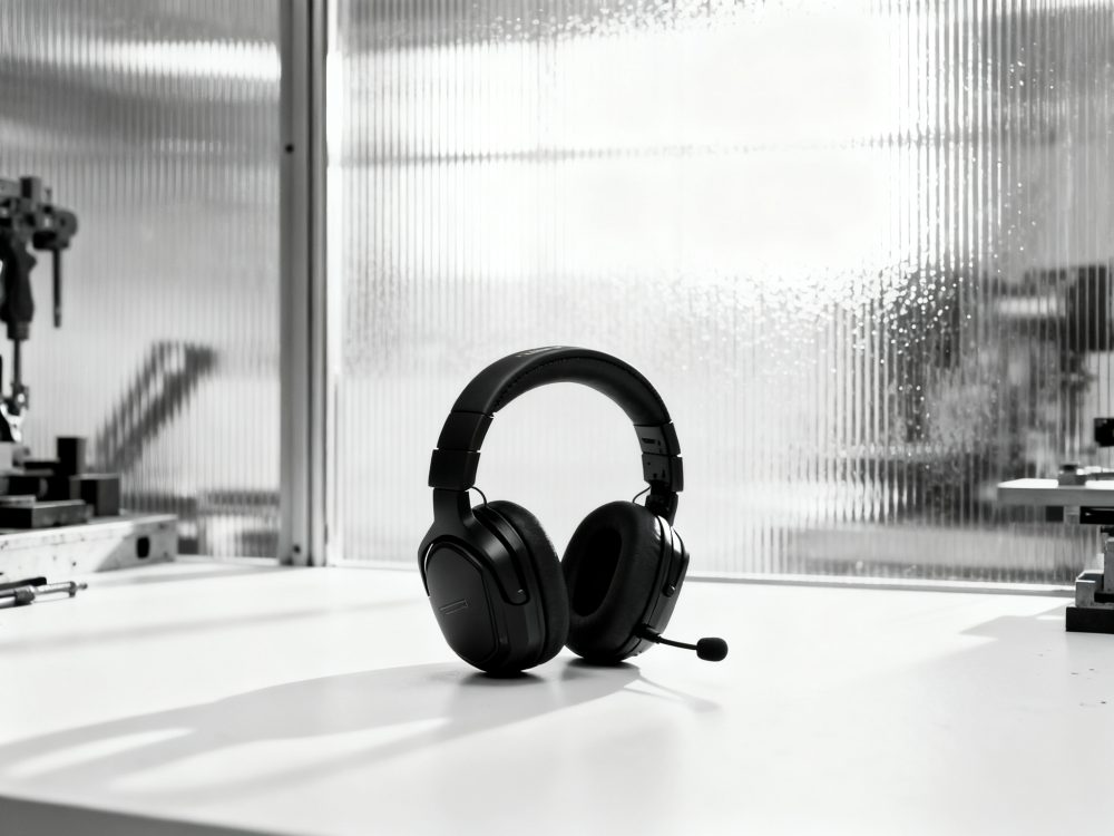 Auriculares gaming pretos com microfone sobre mesa branca em espaço minimalista e luminoso