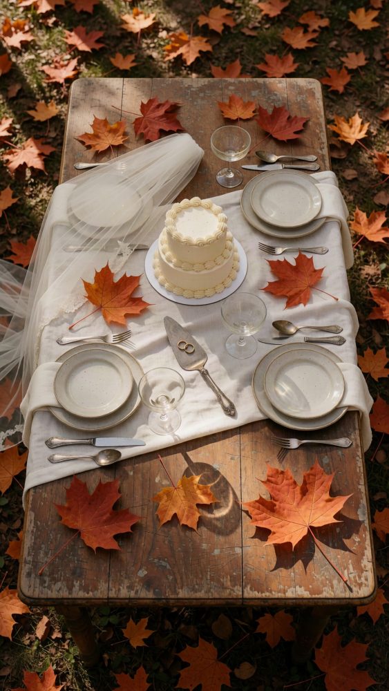 Mesa rústica decorada para casamento com bolo branco, pratos, talheres e folhas de outono