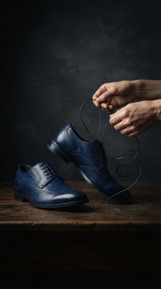 Sapatos sociais azuis sobre mesa de madeira com mãos a atar atacador