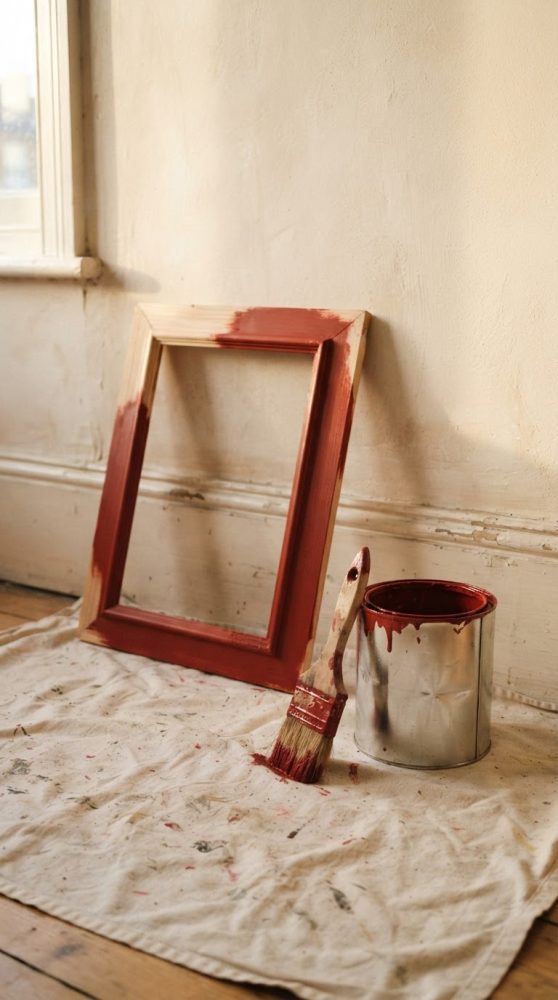 Moldura de madeira em processo de pintura com tinta terracota, pincel e lata de tinta sobre lona branca