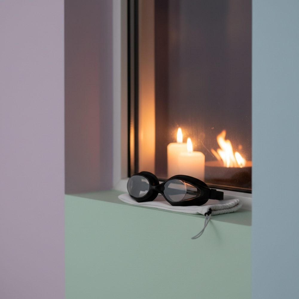 Óculos de natação pretos sobre saco branco com duas velas acesas ao fundo numa janela