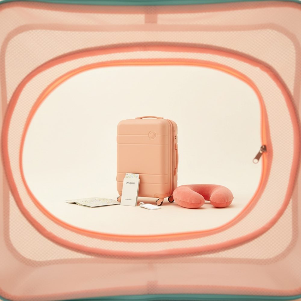 Conjunto coral de mala de viagem, almofada de pescoço, passaporte e mapa visto através de abertura de mala