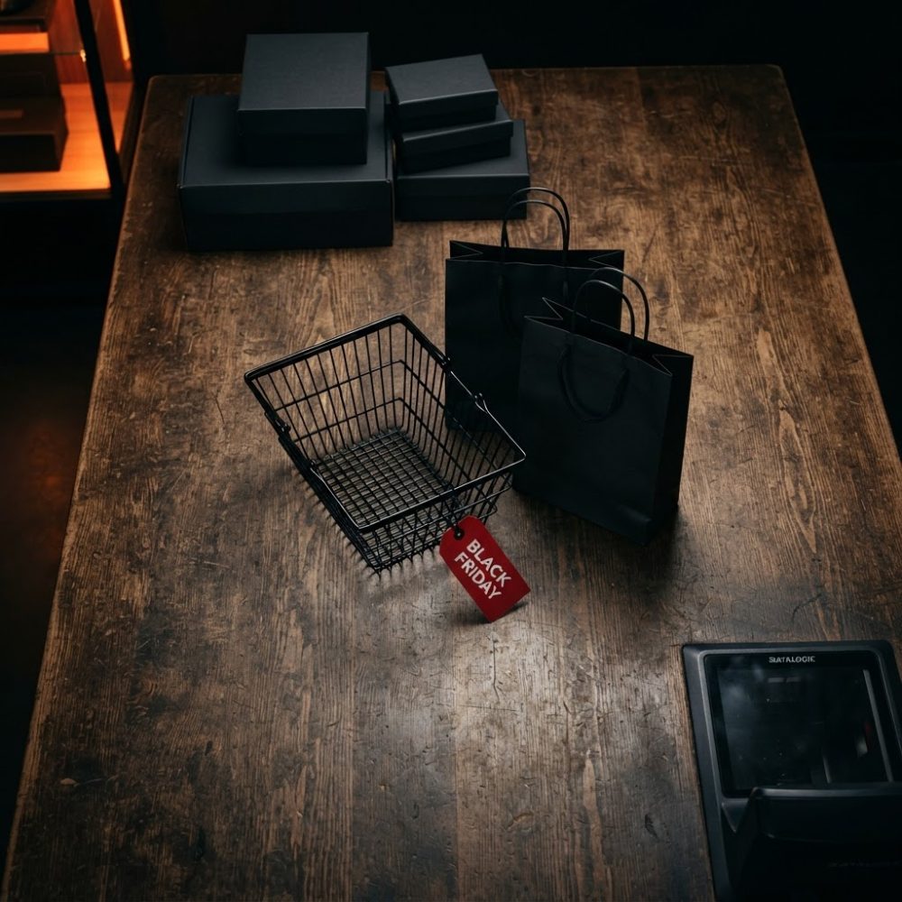 Mesa de madeira com sacos e caixas negras e carrinho com etiqueta Black Friday