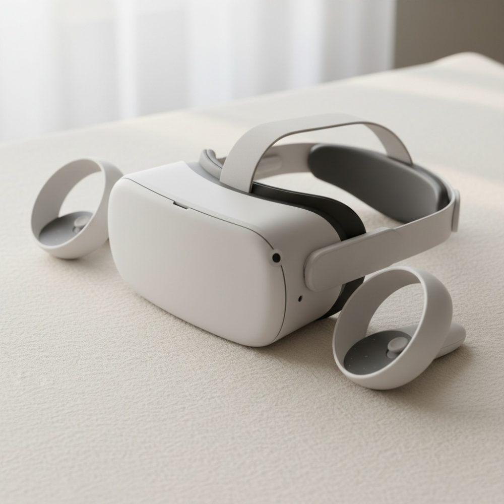 Óculos de realidade virtual cinza claro com dois comandos sobre superfície texturada creme