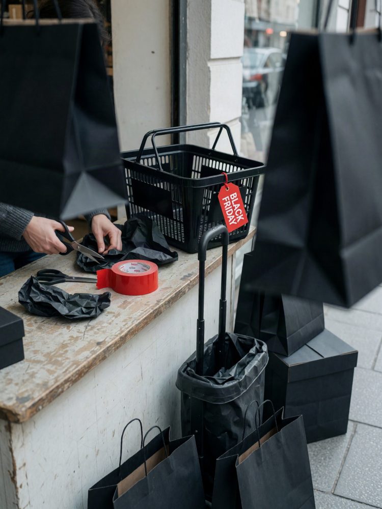Mãos a embalar produtos com papel preto e fita vermelha junto a sacos de compras e cesta com etiqueta Black Friday