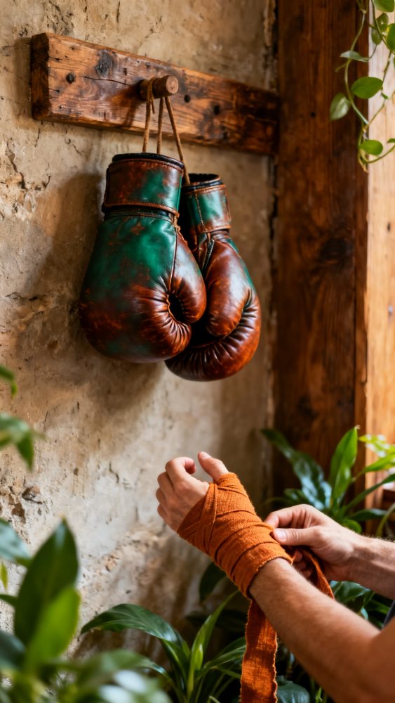 Luvas de boxe vintage penduradas e mãos a enrolar ataduras laranja em ambiente rústico com plantas
