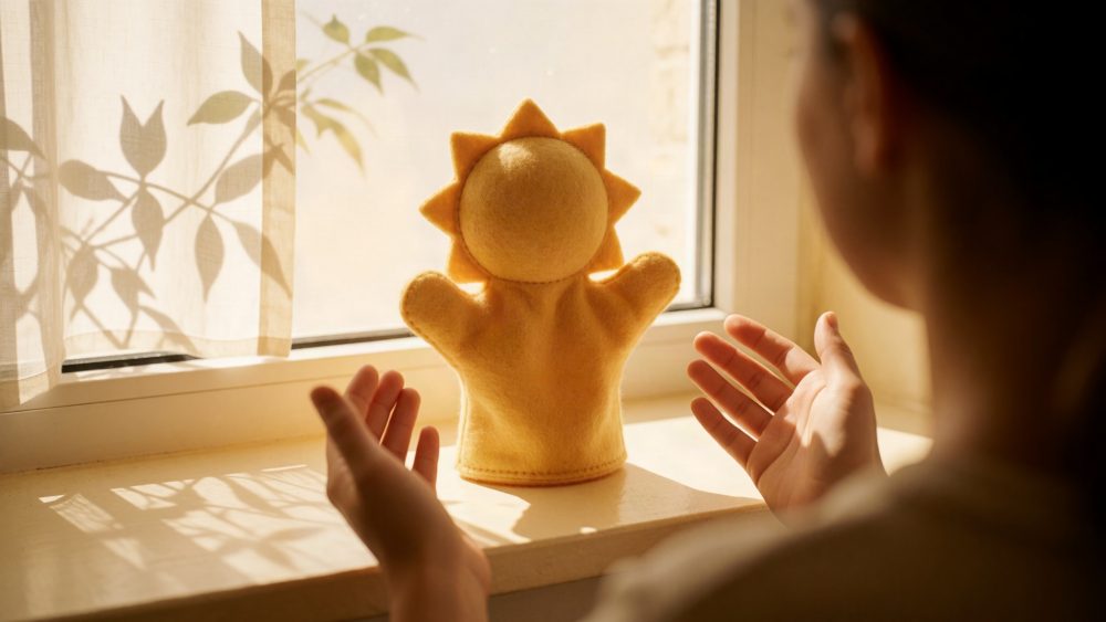 Fantoche em feltro amarelo formato sol no peitoril de janela com mãos de criança próximas