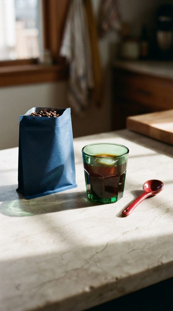 Copo de vidro com café, embalagem azul com grãos de café e colher vermelha em bancada de mármore