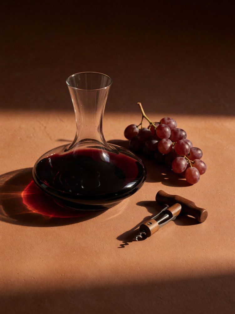Decantador com vinho tinto, uvas roxas e saca-rolhas sobre fundo terra iluminados pela luz