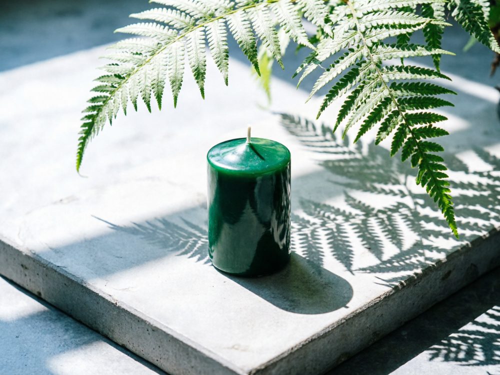 Vela verde cilíndrica com folhas de samambaia e sombras sobre base de pedra cinzenta