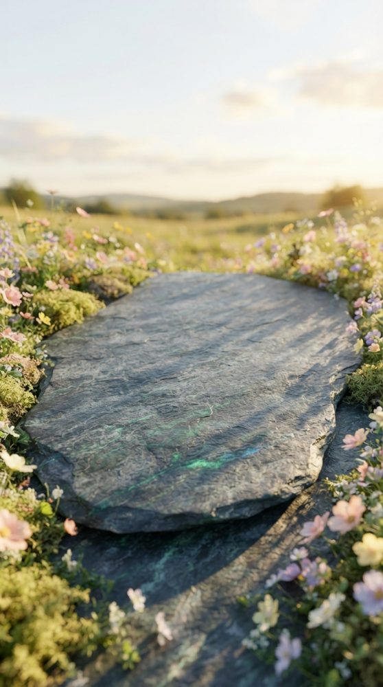 Caminho de pedra ladeado por flores em campo sob luz suave de fim de tarde