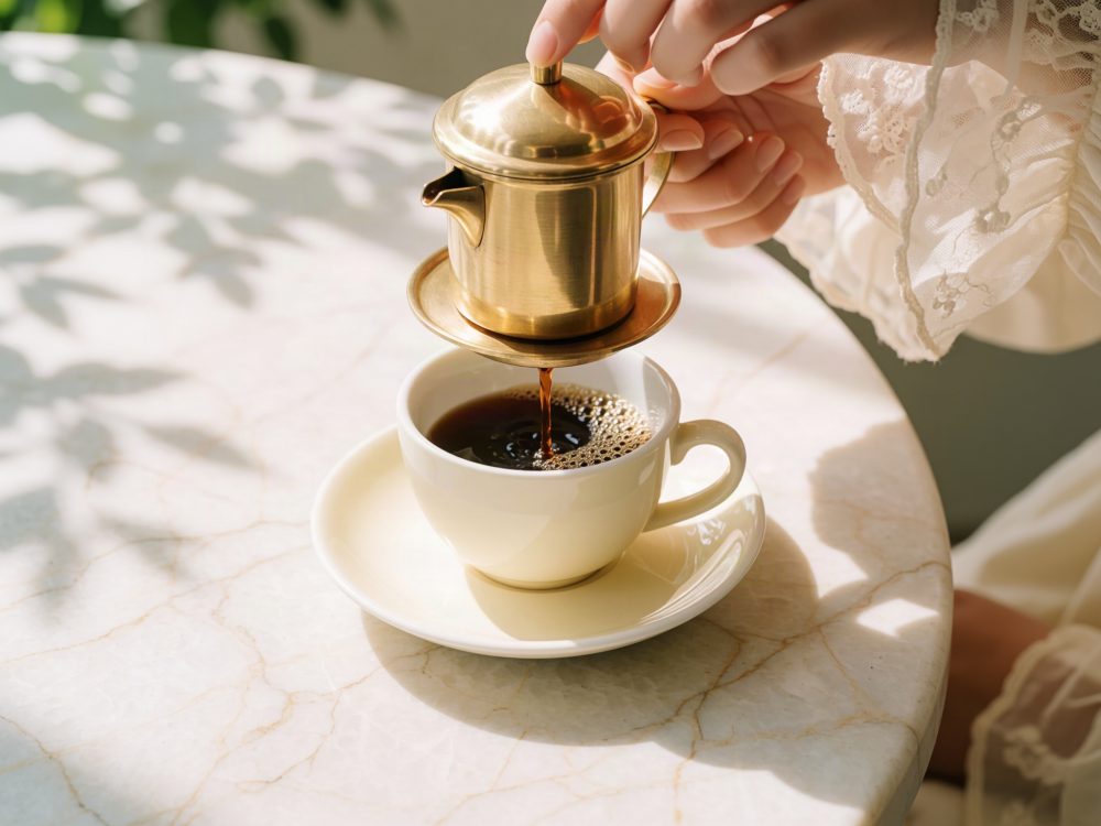 Café sendo coado num filtro dourado sobre chávena branca numa mesa de mármore sob luz natural