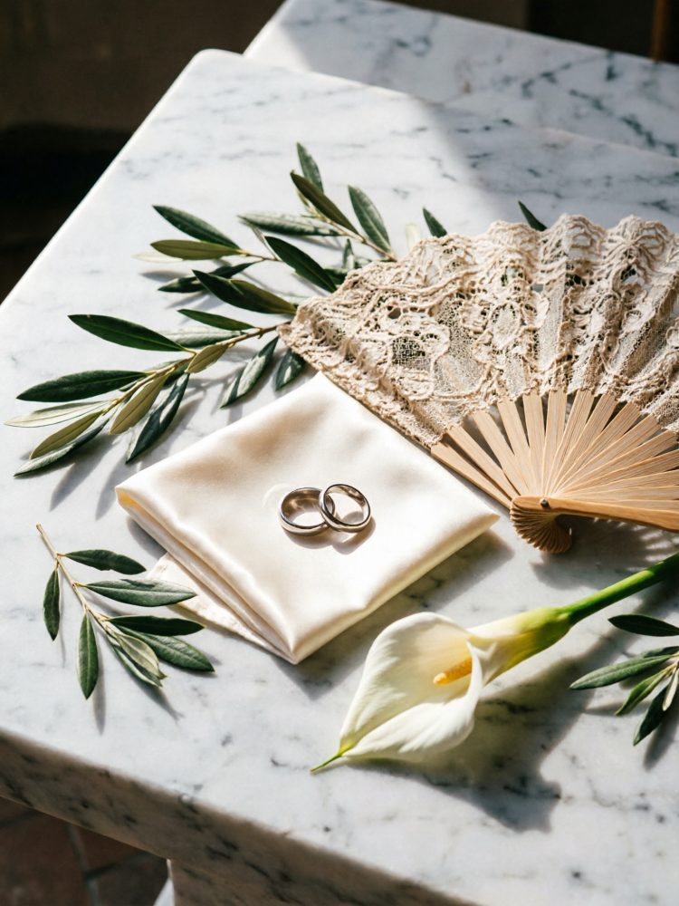 Alianças sobre tecido de cetim com leque de renda, flor branca e ramos verdes numa mesa de mármore
