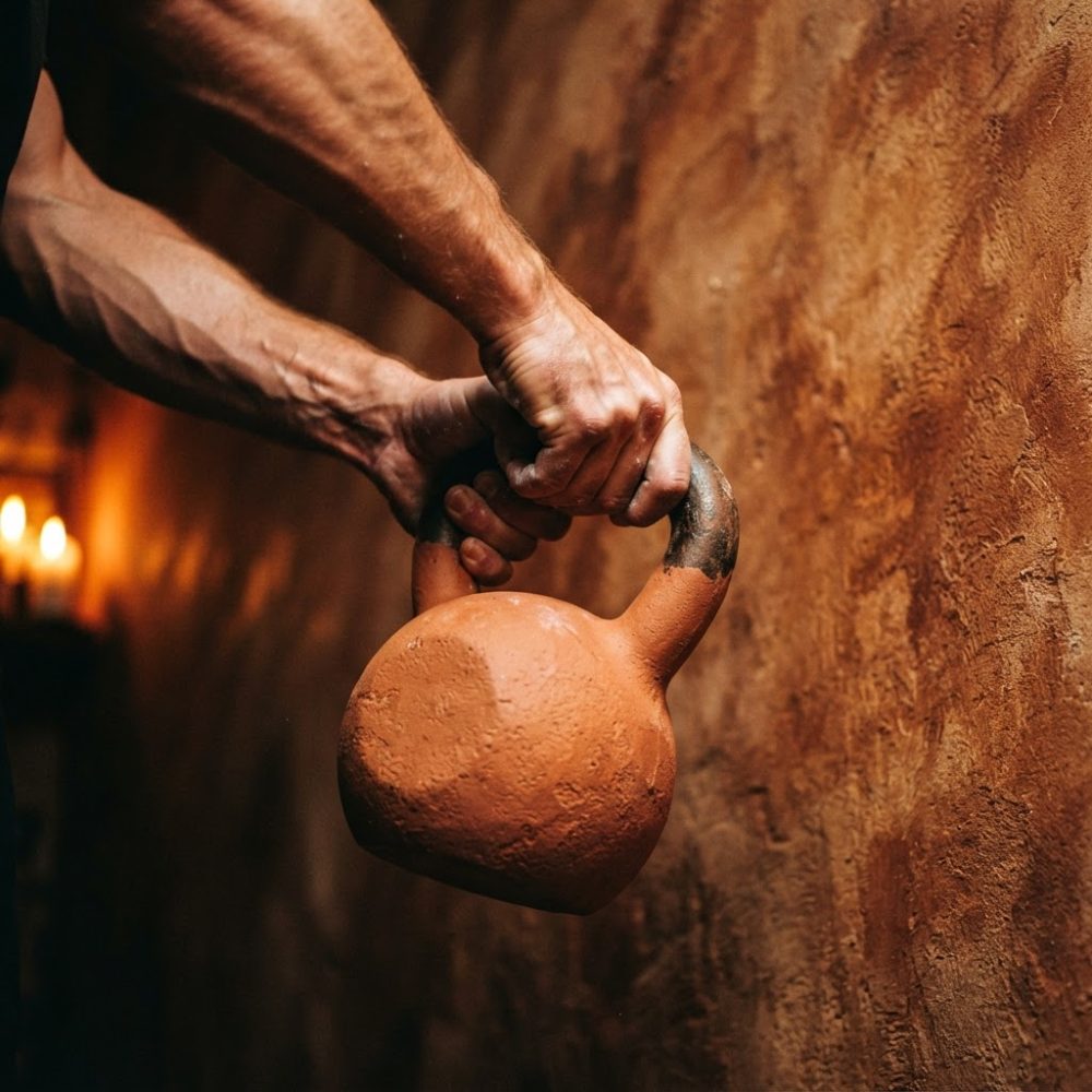 Mãos masculinas segurando kettlebell em treino de força em parede castanha com luz quente